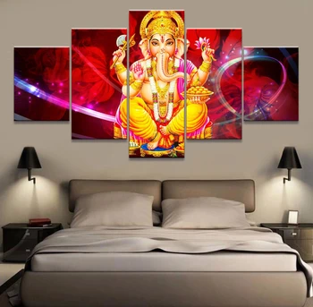 Photo du tableau Ganesh rouge et jaune 5 panneaux avec un effet 3Dimension.