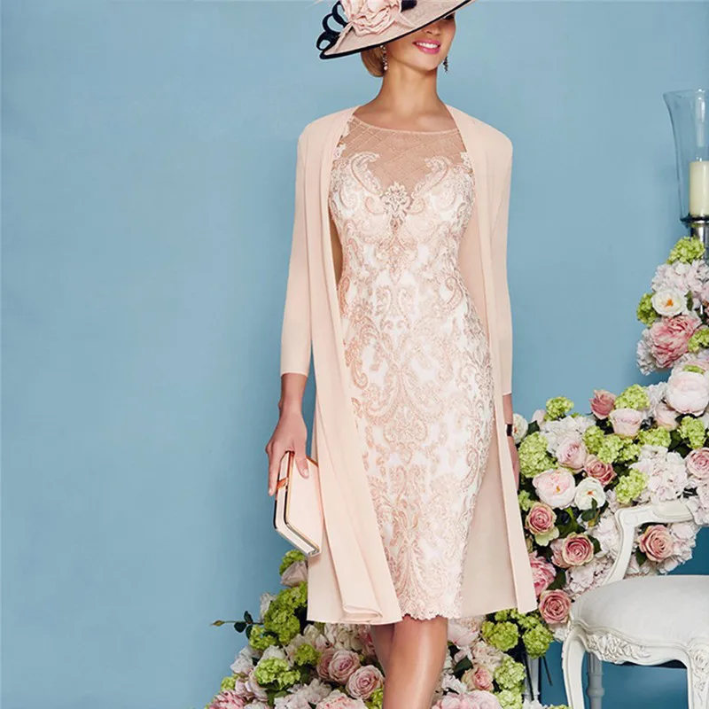 

2019 Champagne Lace Mother of the Bride Dresses with Chiffon Jacket 3/4 Sleeves Applique Women Formal Evening Party Gowns