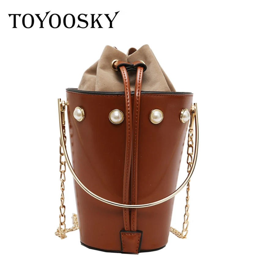 

TOYOOSKY 2018 Vintage PU Leather Women Bucket Bags Simple Design Pearl Small Handbag Drawstring Lady Tote Shoulder Crossbody Bag