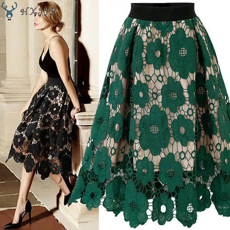 

HXJJP Spring Summer Gauze Peng Peng Skirt Casual Print Knee-Length A-Line Fashion Women's Embroidery Lace Skirt Party Skirt
