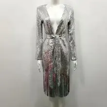 Серебряный Модный женский пиджак с длинными рукавами до колена Звездная расшитая блестками женская элегантная куртка с поясом