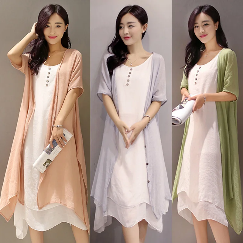 

Summer Dress Womens 2019 New Retro Elegant Two-piece Fashion Casual Cotton Linen Clothes Woman Loose Beach Style Mid-calf