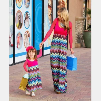 

Mother Daughter Dress Bohemian Girl Autumn clothing Mum Mom and Baby Daughter Matching Clothes Beach Maxi Chevron Stripe Dresses