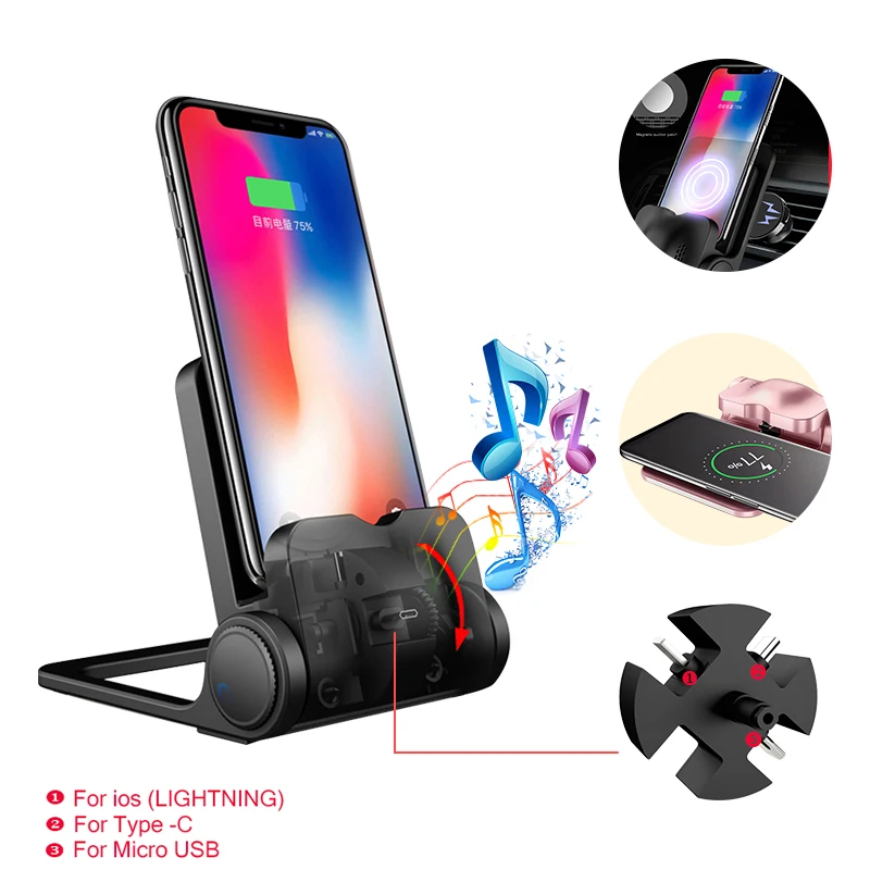 

3 in 1 Desktop Charging Base + Wireless Charge Stand For iPhone Type C Micro USB 360 Degree Rotate Conversion Qi Charger Holder
