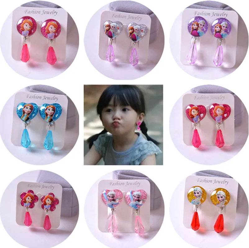 2pcs/lot Children's Doll Accessories Frozen Earrings No Pierced Ear Clips Cartoon Cute Girls Pearl Stud Earrings