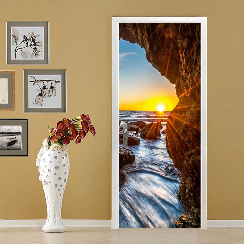 3D Sunrise Seascape фотообои наклейки на дверь обои украшение дома HC201812080019|Наклейки