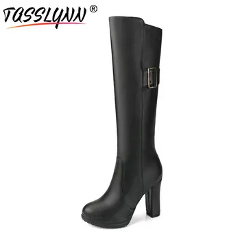 

TASSLYNN 2019 Platform Women Boots Short Plush Black Motorcycle Boots Winter Shoes Women Zippers PU Square High Heel Women Shoes