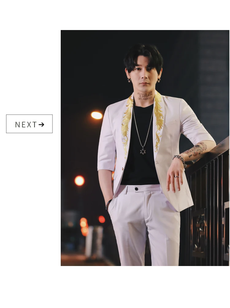 Вышивка Для мужчин блейзеры корейские облегающие Свадебный костюм Лето Повседневное социальных вечерние смокинг из 2 предметов костюм смокинг Selected Homme