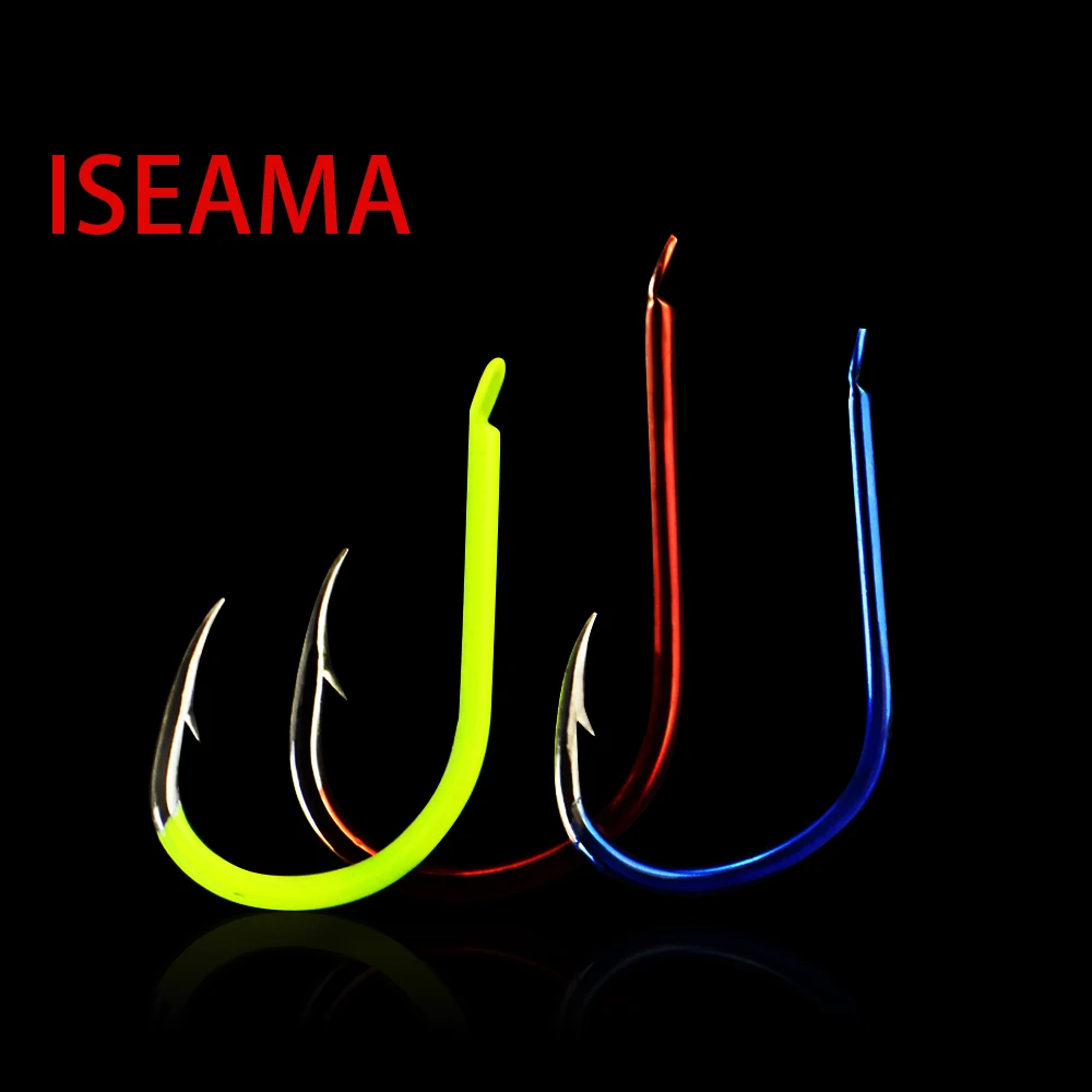 

30-50pcs High Carbon Steel ISEAMA Barbed Luminous Fishing Hook 4-13# Black Nickel Yellow Blue Red Single Carp Fishing Hook Japan