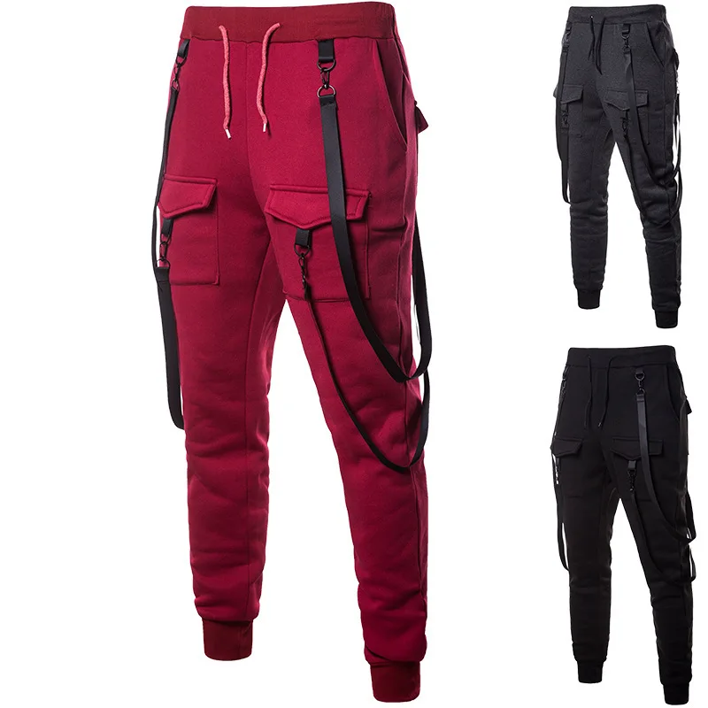 

Men Pants 2019 Winter Street Fashionable Solid Strap Sweatpants Hip Hop Casual Elastic Tourse Pockets Streetwear Pants 5Size
