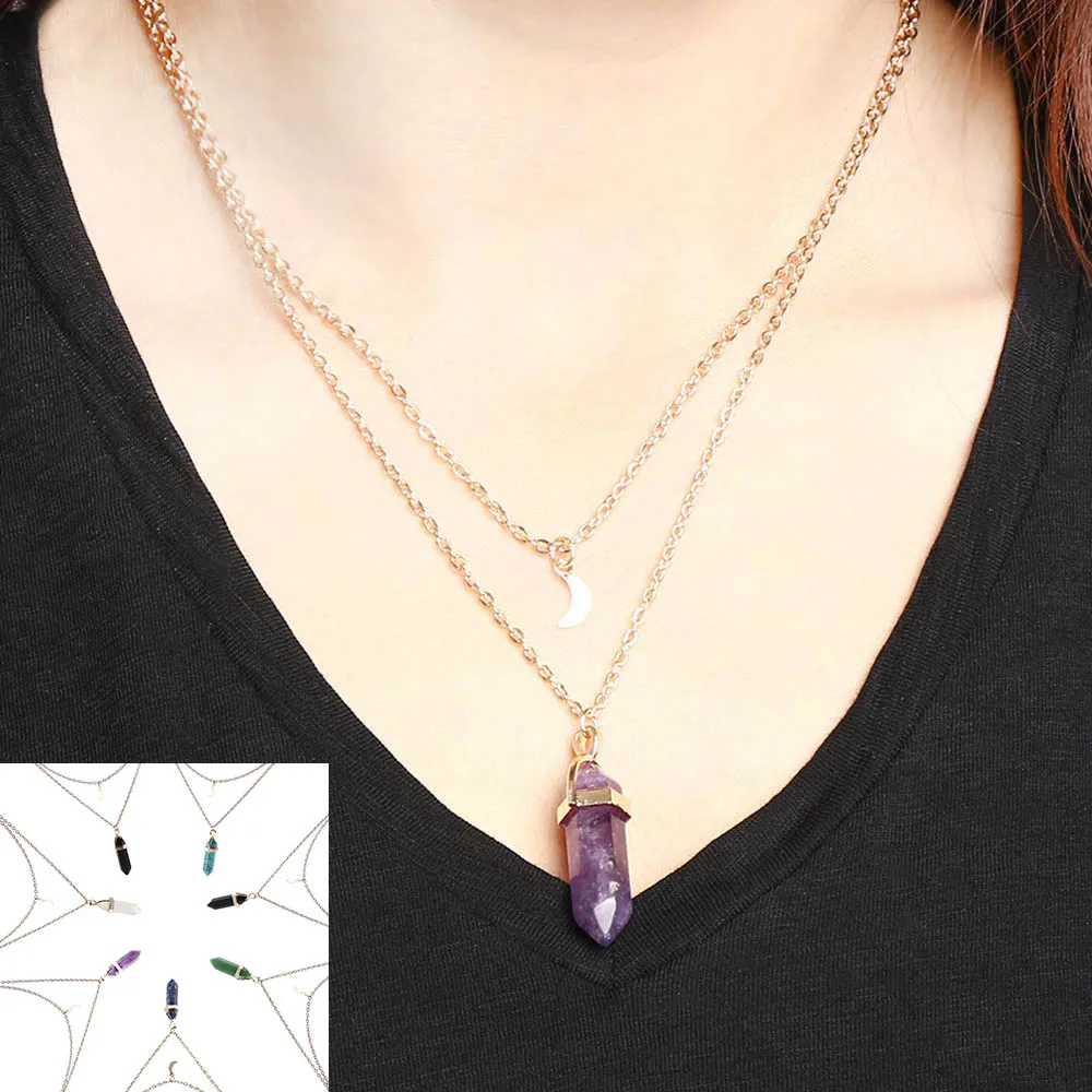

NEW Natural Opal Stone Moon Choker Necklaces Double Layer Chain Vintage Crystal Pendant Necklace for Women Geometric Jewelry