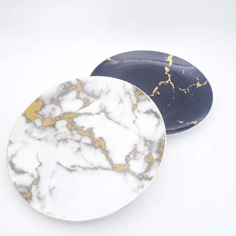 Ceramic Plate Gold Dish Marble Tray Dinner Plate Set Round Steak Tray Luxury Tableware Round Dish Food Christmas 1set