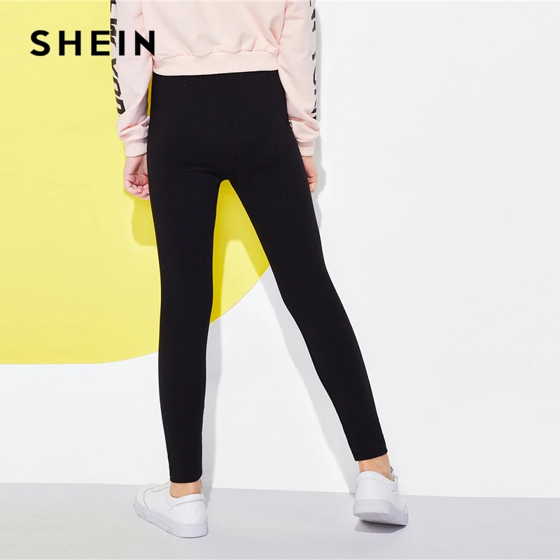 SHEIN/черные однотонные повседневные штаны с эластичной резинкой на талии для девочек; леггинсы для девочек; коллекция года; сезон весна; модные элегантные узкие брюки; Корейская одежда для детей
