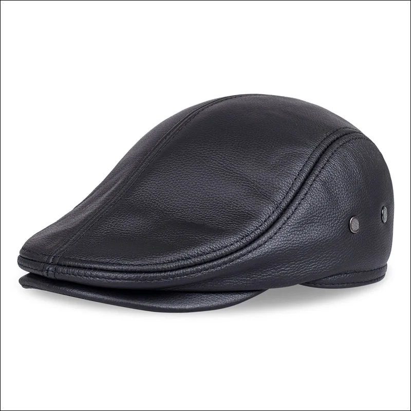 black beret for men HL042 Men's Real Genuine Cow Leather Baseball Hat Brand Newsboy Beret Winter Warm Caps With Ear Flap mens military beret