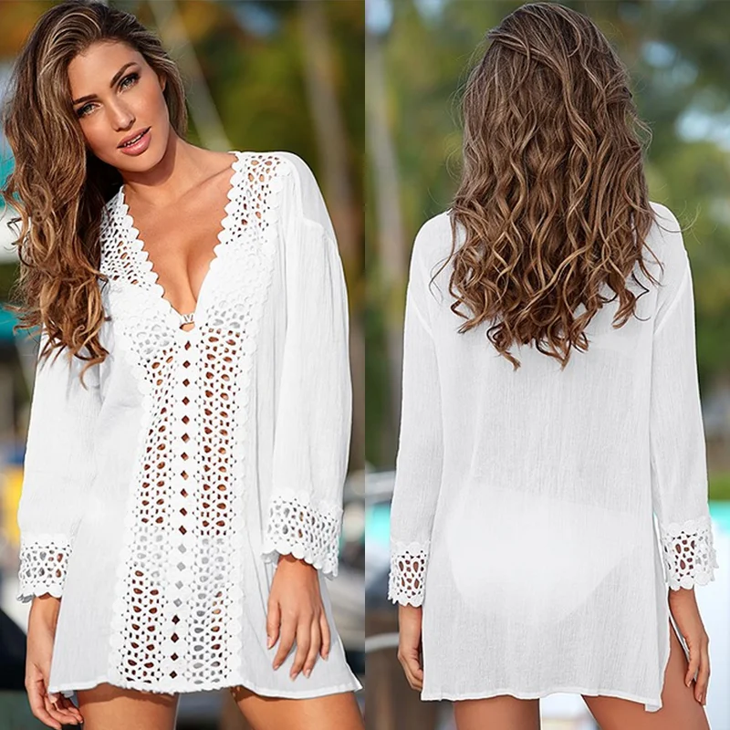 

2019 Summer Sexy Women Cover Ups Lace Crochet Bikini White Blouse Hollow Out V-Neck Beach Cover Up Swim Wear Three Colors