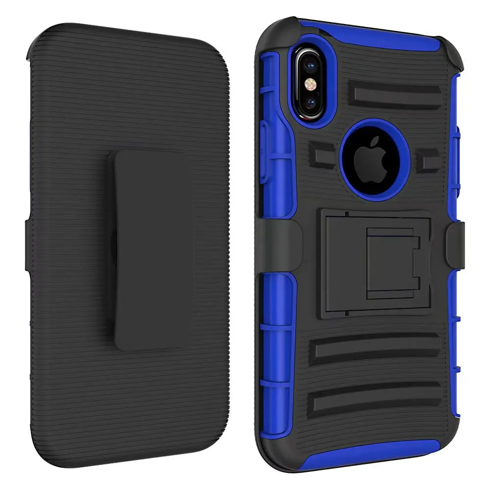 Новинка, для Apple iPhone X, чехол, гибридный, сверхпрочный, 3 в 1, военный камуфляж, жесткий противоударный чехол для iPhone X, зажим для ремня, подставка, чехол - Цвет: Синий