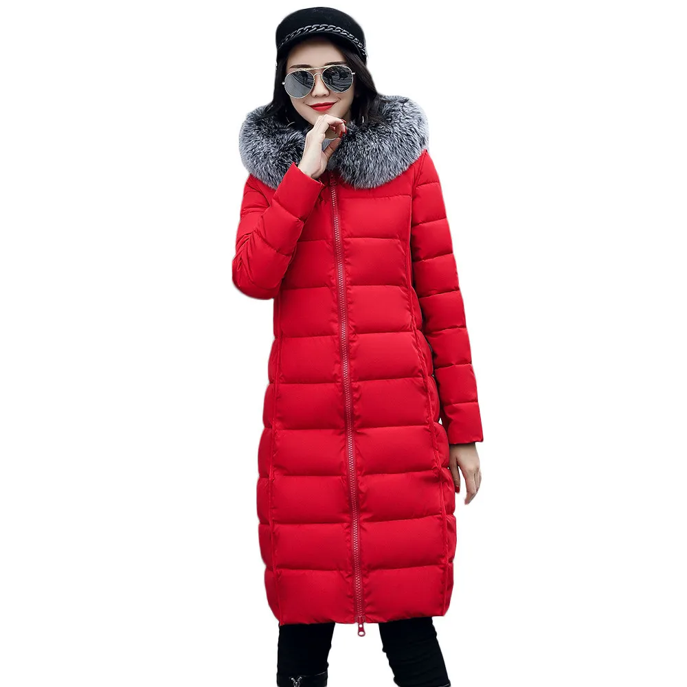 Меховая зимняя Толстая теплая Женская длинная парка с капюшоном, хлопковая верхняя одежда с длинным рукавом и карманом, пальто, Повседневная Свободная серая парка - Цвет: Red