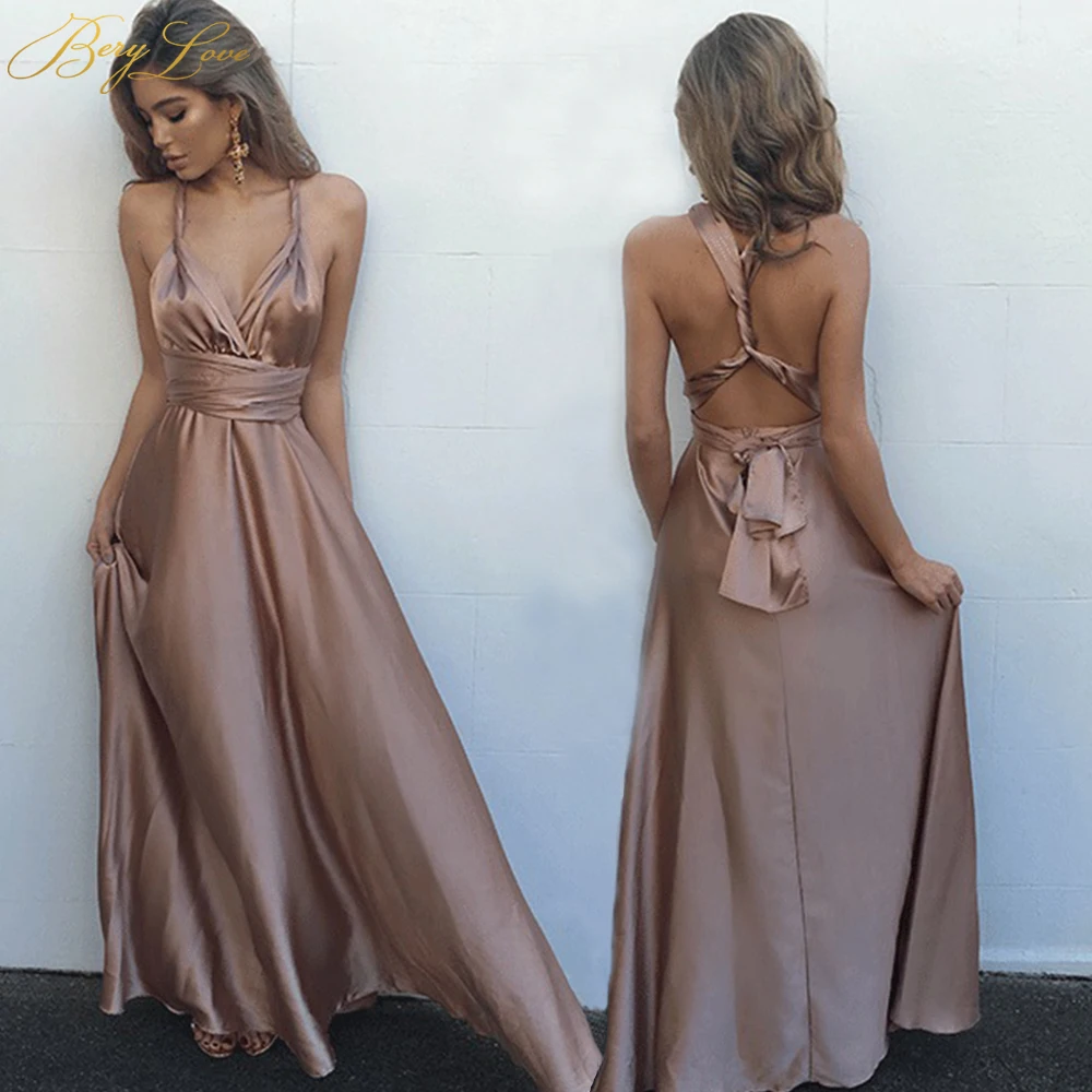 

BeryLove Long Champagne Evening Dress 2019 Crisscross Straps Pleat Simple Satin Dress Plus Size Plain Women Formal Prom Dress