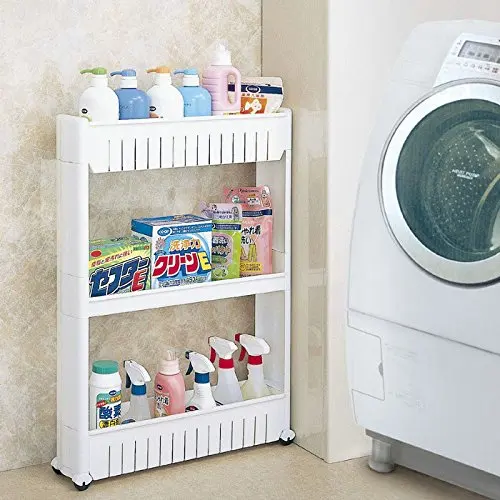 

3 Tier Slide Out Storage Tower in Bathroom With Wheels