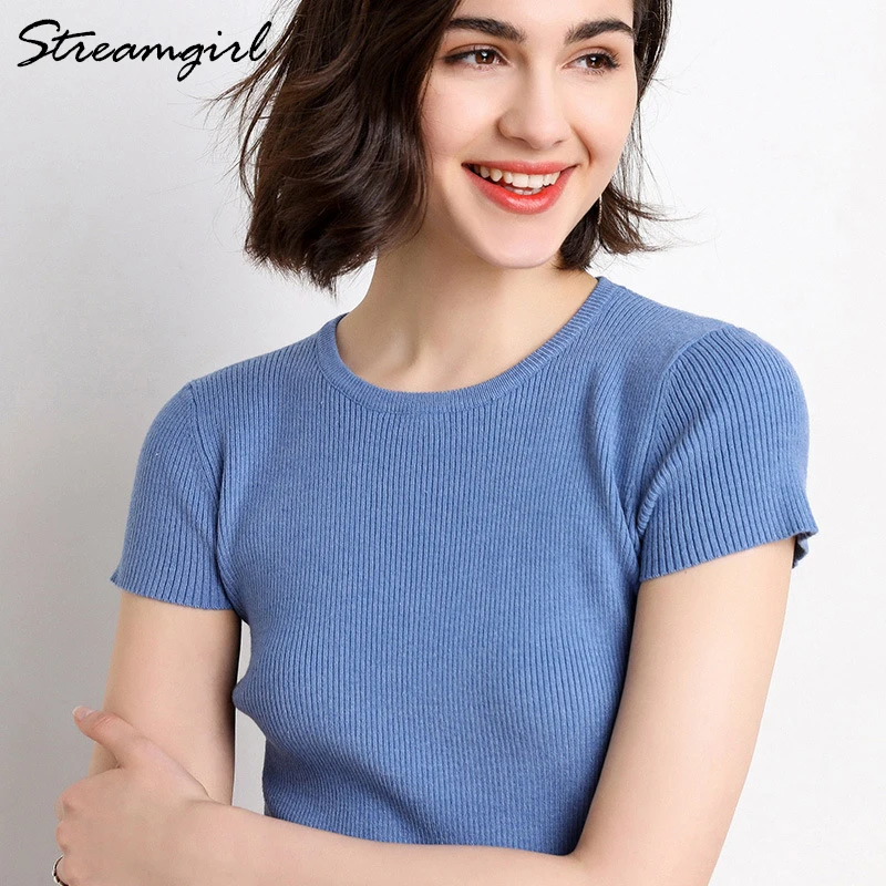 Streamgirl تي شيرت المرأة الصيف بلايز عالية الجودة الكورية نمط المحملة قميص فام 2019 محبوك الأبيض تي شيرت قصيرة الأكمام المرأة