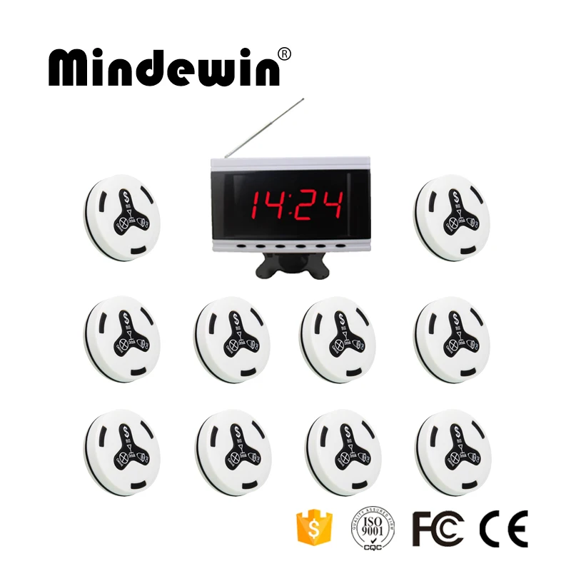 Mindewin вызова пейджер Беспроводная система вызова 10 шт. Кнопка передатчика+ 1 приемник хост система вызова для ресторана или кафе магазин