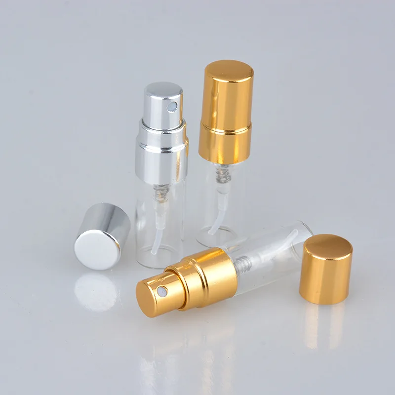 

50pcs/lot 3ml mini Glass vials Perfume Bottle With Silver and Golden Atomizer Empty Glass Parfum Container Wholesale