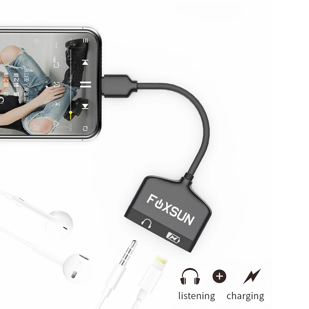 Dual for Lightning Headphone Audio Charge Adapter for iPhone 7 8 X For Lightning AUX Splitter Charge Call Voice Wire Control