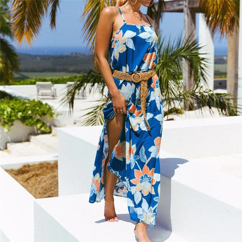  New Fashion Women Summer Sexy Boho Casual Daily Floral Beach Suspended Printed Elegant Long Open Forks Dress #4A17  (3)
