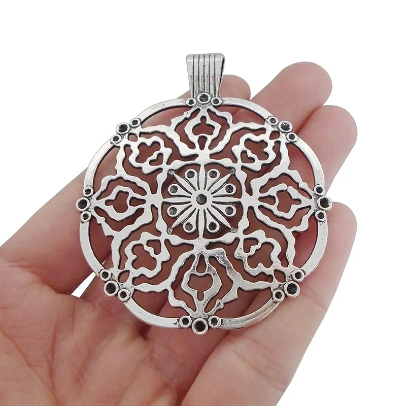 

3 x Antique Silver Large Hollow Filigree Flower Round Charms Pendants for Necklace Jewelry Making Findings 67x56mm