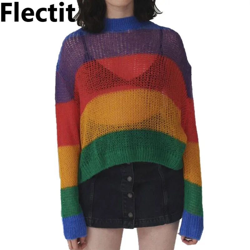 

Flectit Lazy Mohair Rainbow Striped Jumper Oversized Cropped Crew Neck Long Sleeve Cozy Sweater Harajuku Kawaii Knitwear *