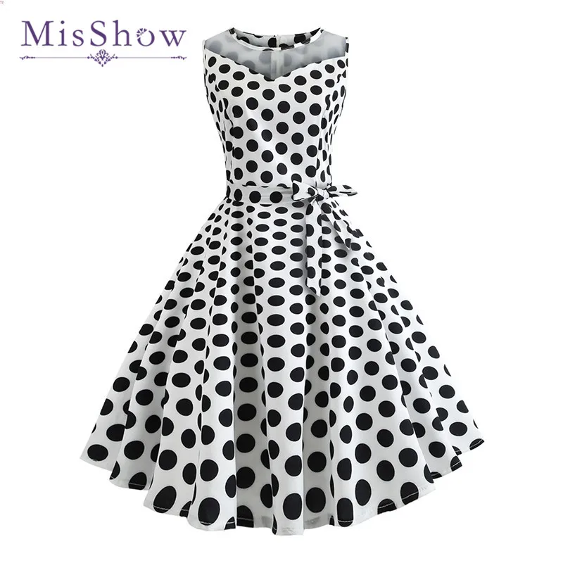 Misshow White Summer Dress Sleeveless Short Ball Gown Black Polka Dot Round Neck Bodycon Women