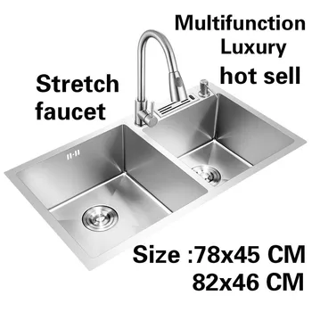 Buy Free Shipping Apartment Luxury Kitchen Manual Sink Double Groove Stretch Faucet 304 Stainless Steel Hot Sell 78x45/82X46 CM