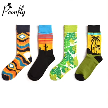 

PEONFLY Autumn Personality Leaf Feather Coconut Tree Colorful Landscape Pattern Socks Man Stripes Ventilation Cotton Socks