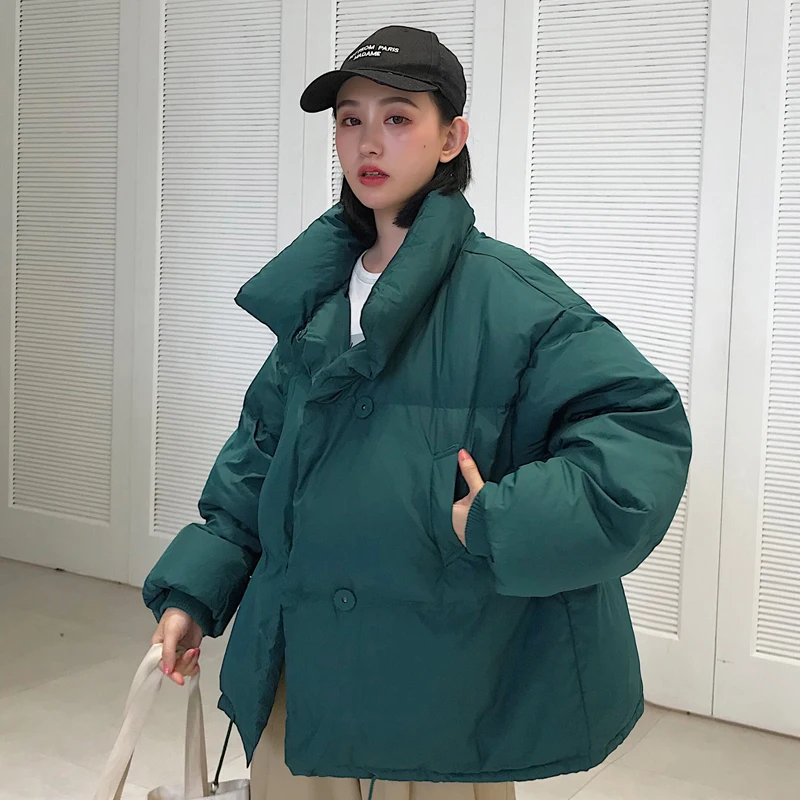 Ideal Korean Style 2019 Winter Jacket Women Stand Collar Solid Black White Female Down Coat Loose Oversiz