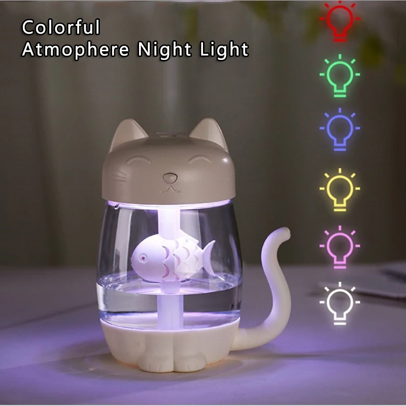 

Creative Kids Atmosphere LED Night Light Three In One Multi-functional Cute Cat With Fish Colorful Desk Lamp Humidifier USB Fans