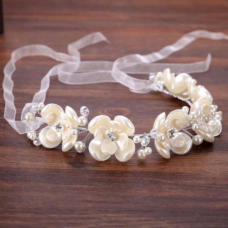 

Romantic Wedding Hair Accessories For Bride Pearl Floral Tiaras Headbands Handmade Flowers Women Hair band White Ribbon SL