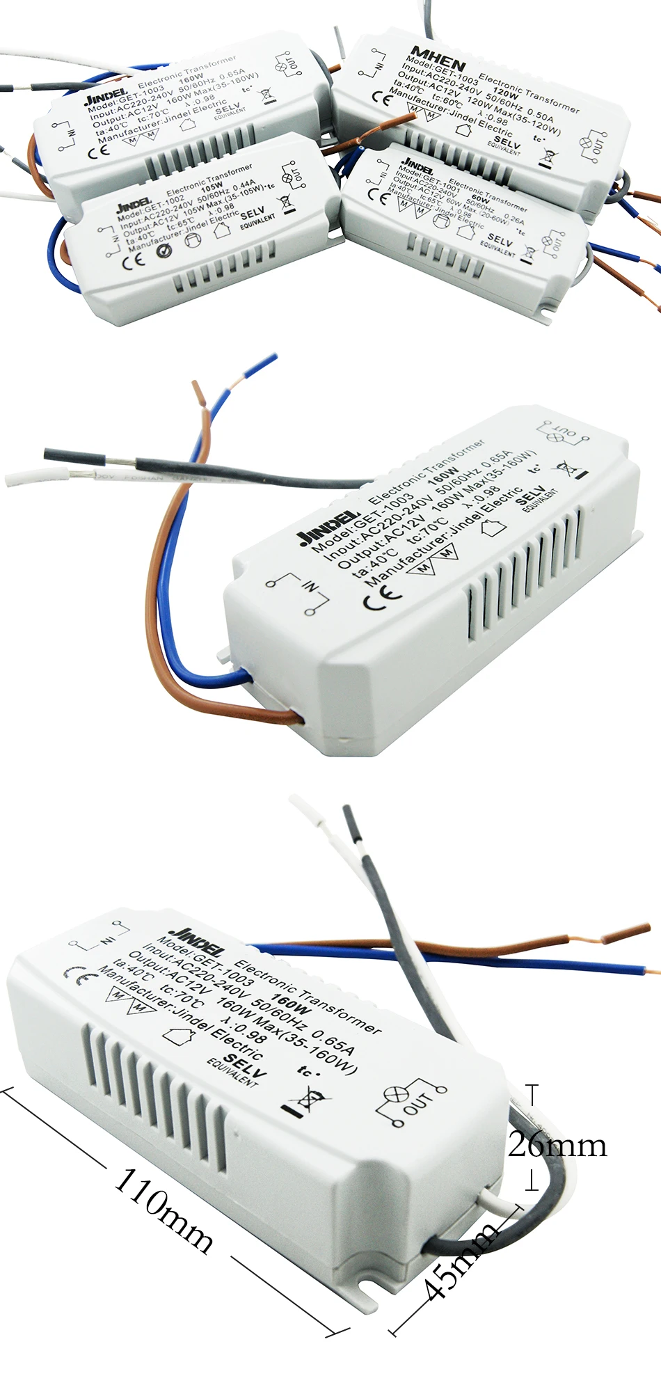 JINDELI AC220V к AC12V электронный трансформатор 60 Вт 105 Вт 120 Вт 160 Вт для G4 кристаллическая галогенная лампа шарик CE Трансформаторы освещения