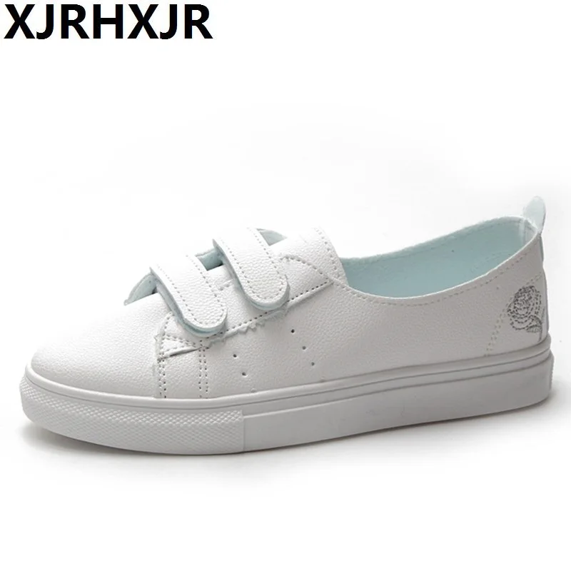 

XJRHXJR Size 35-39 Women Shoes 2019 New Fashion Casual Flat Pu Leather Hook&Loop Women Casual Summer White Shoes Sneakers Flats