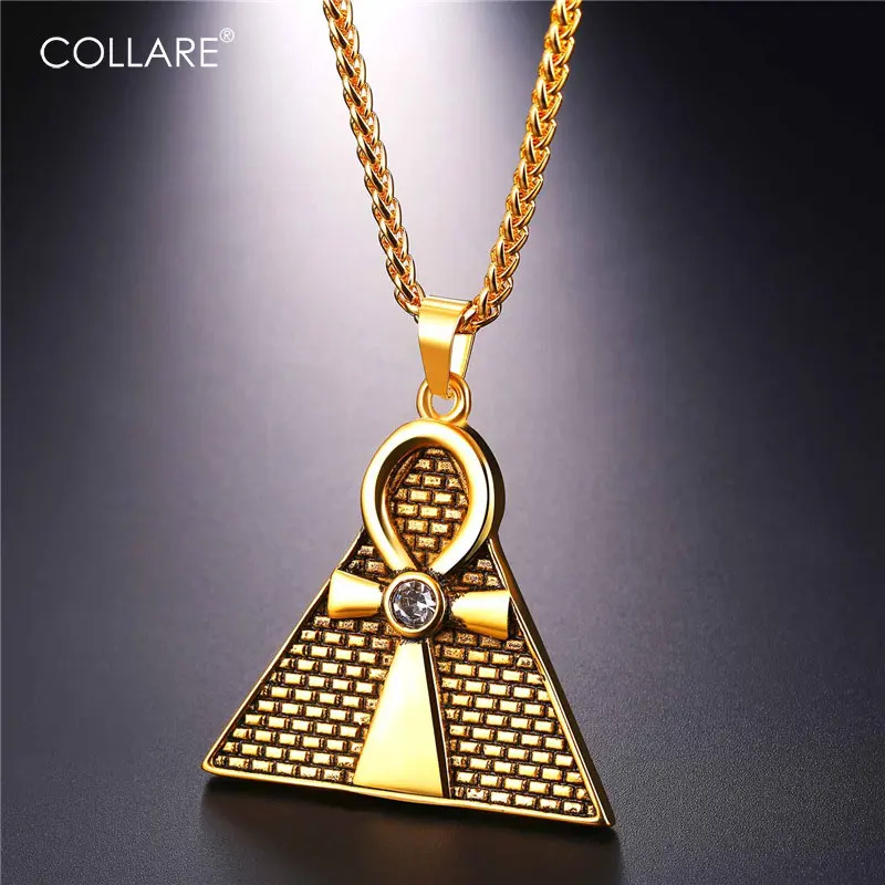 Collare Pyramid Pendant Ankh Egyptian Cross Key of the Nile Gold Color