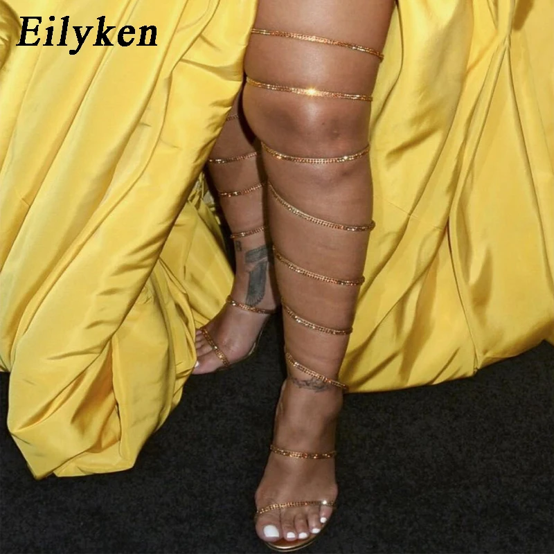 

Eilyken Crystal Silk Gladiator Sandals Women Snake Knee High Heels Women Sandals Open Toe Sandals Fashion Wedding Party Shoes