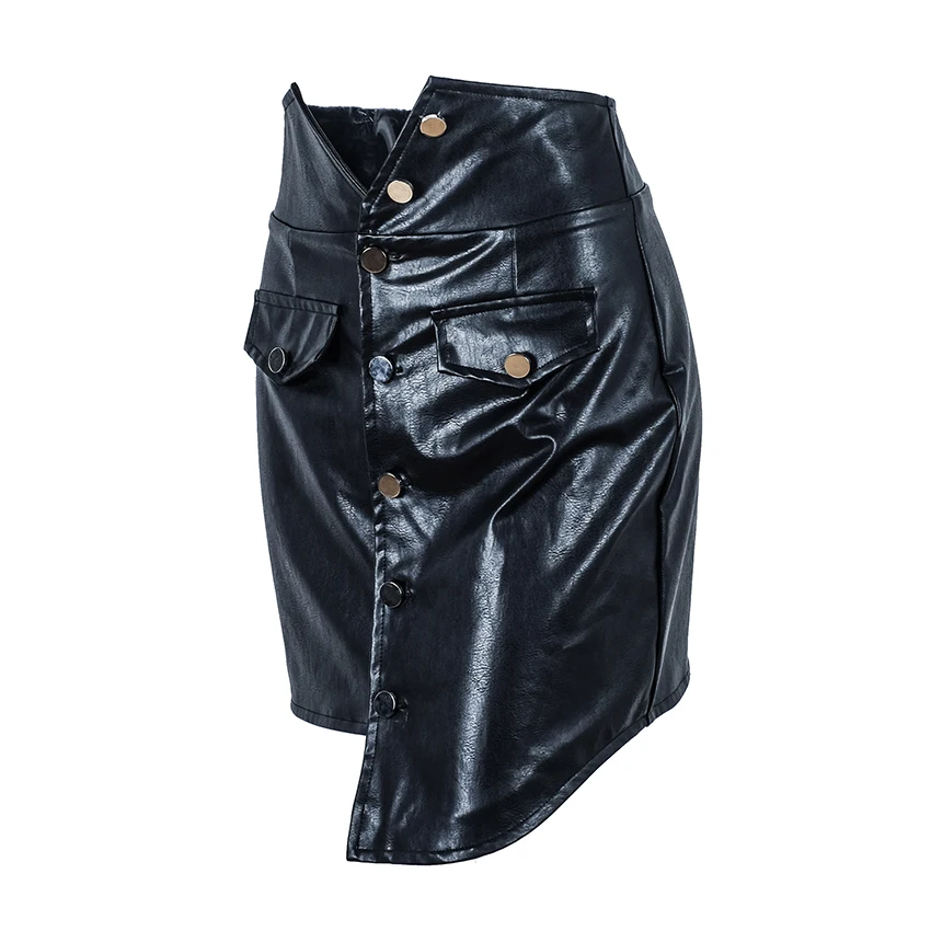 OOTN Асимметричная юбка из искусственной кожи с высокой талией, сексуальные короткие юбки, необычные мини обтягивающие повседневные зимние женские черные юбки на пуговицах