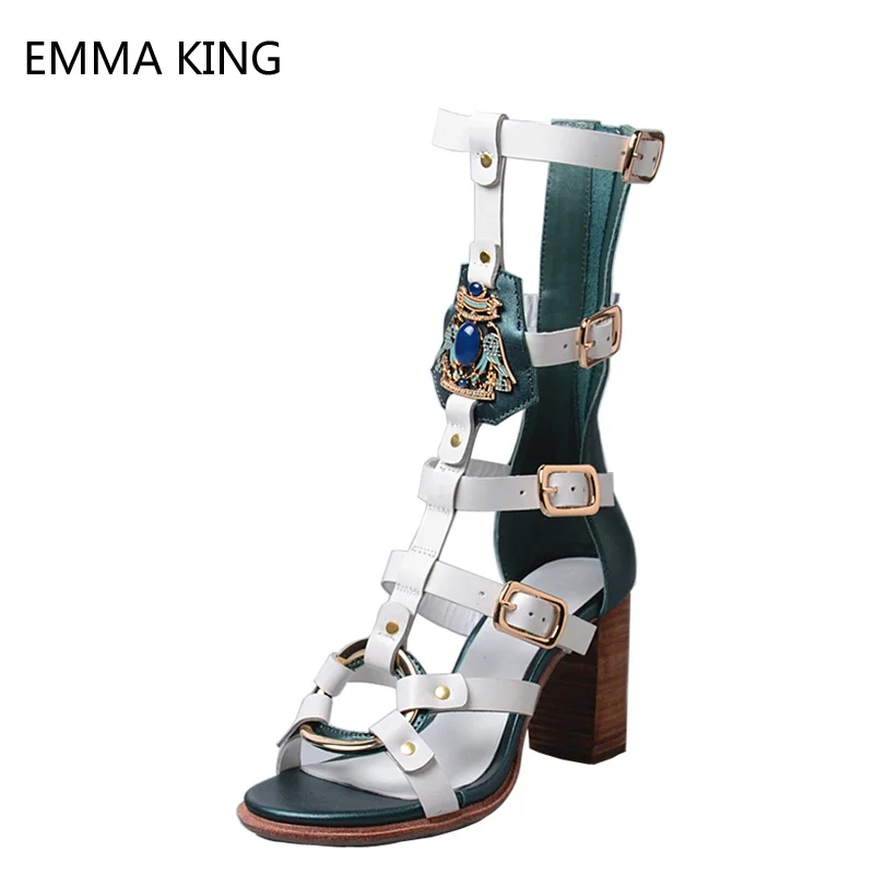 

New Ladies Shoes Thick High Heels Leather Belt Buckles Knee High Heels Boots Sexy Zip Open Toe Rhinestone Shoes Women Sandals