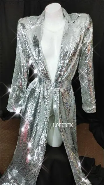 Модное женское длинное пальто без пуговиц с блестящими блестками для певицы, ночного клуба, концерта, сценического выступления, серебристый Плащ, танцевальный костюм - Цвет: Silver