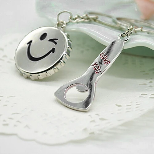 

1 Pair Lover's Key Rings Smile Face Beer Cap Bottle Opener Keyfob Keychains