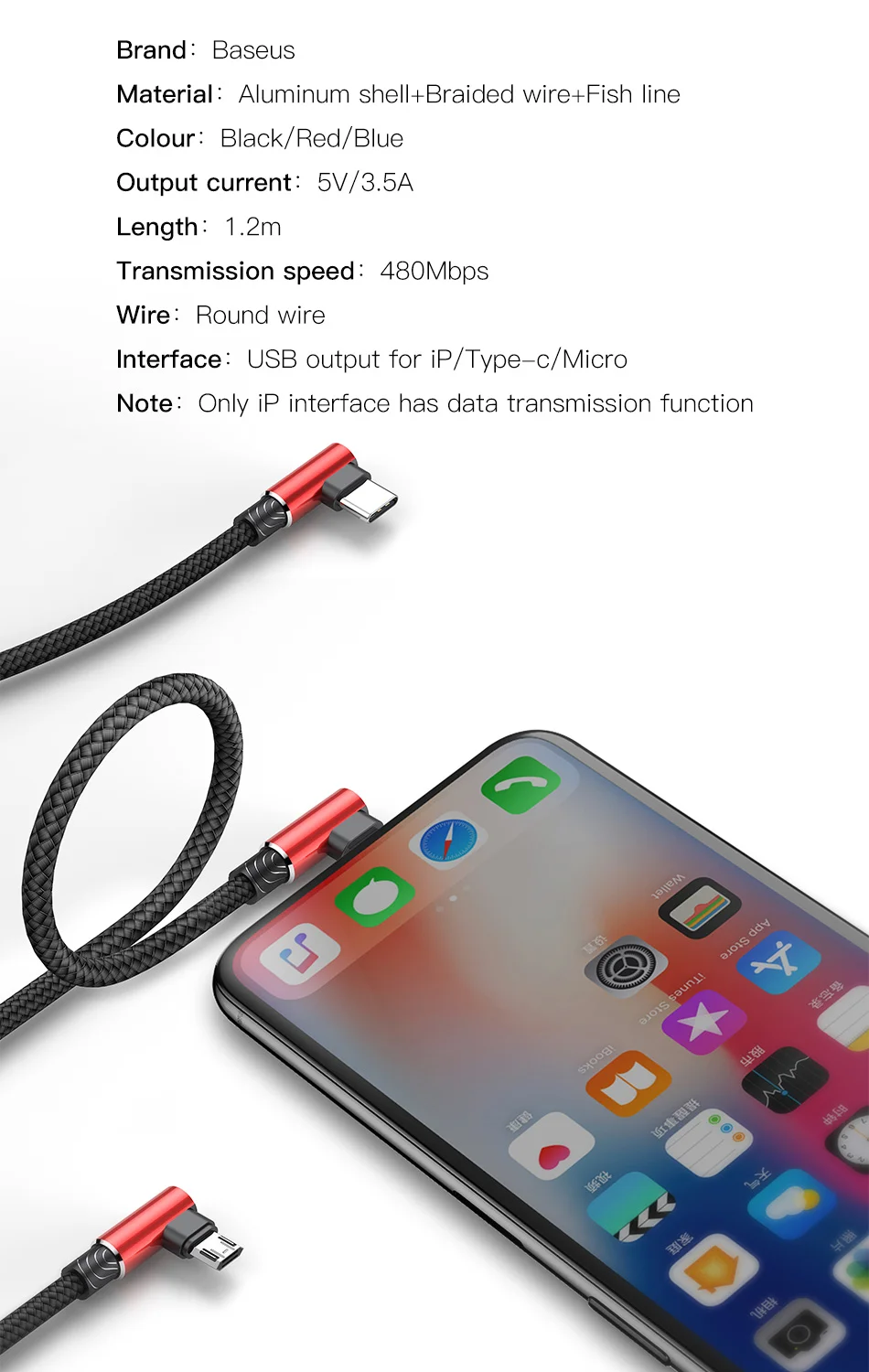 Baseus 90 градусов 3 в 1 USB кабель для iPhone XS Max XR X 8 7 6 6S Зарядный Шнур Micro USB кабель type-c usb type-C кабель