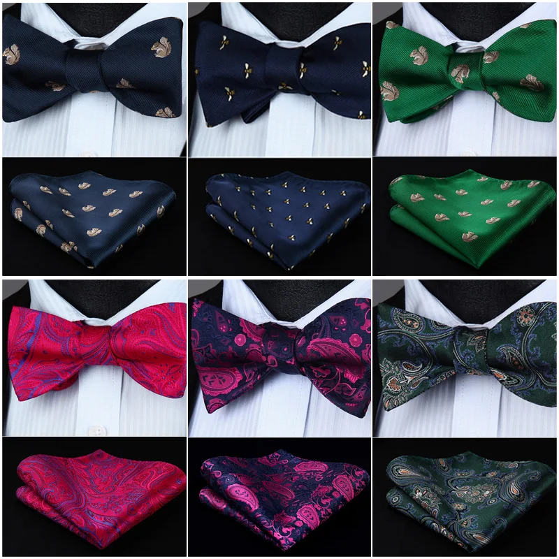 

BGA04VS Animal Pattern Navy Blue Wedding Bowtie Men Silk Self Bow Tie handkerchief set