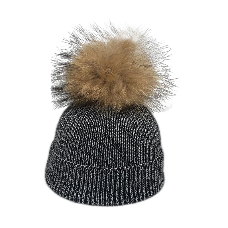 

2019 New Fashion Wool Beanie Kids Baby Winter Silver Wire Knitted Hats Caps For Children Real Fur Pompom Hat Skullies