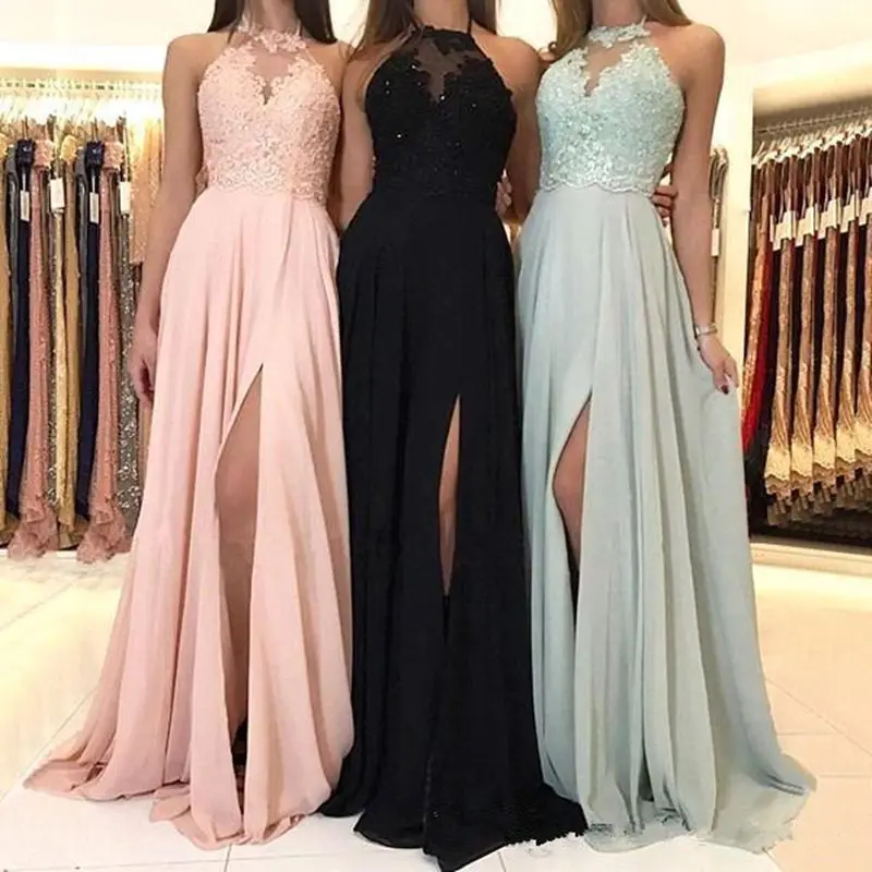

2019 Elegant Halter Chiffon Long Bridesmaid Dresses Pink Lace Appliques High Split Wedding Guest Dress Maid Of Honor Dresses