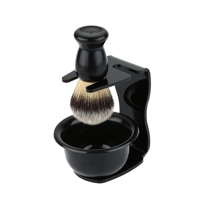 Mens' Hair Shaving Brush + Drip Brush Stand Holder + Plastic Soap Bowl
