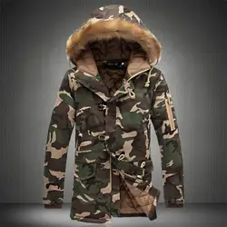 2018 зимние длинные мужские камуфляж Куртки теплый расширенный мужской куртка капюшоном хлопка Мех животных на подкладке с удлиненный